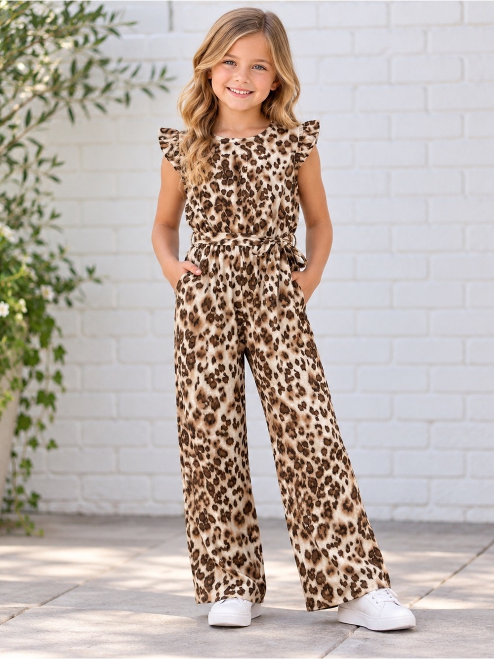 Monteau Cream and Brown Leopard-Print Ruffle-Shoulder One-Piece